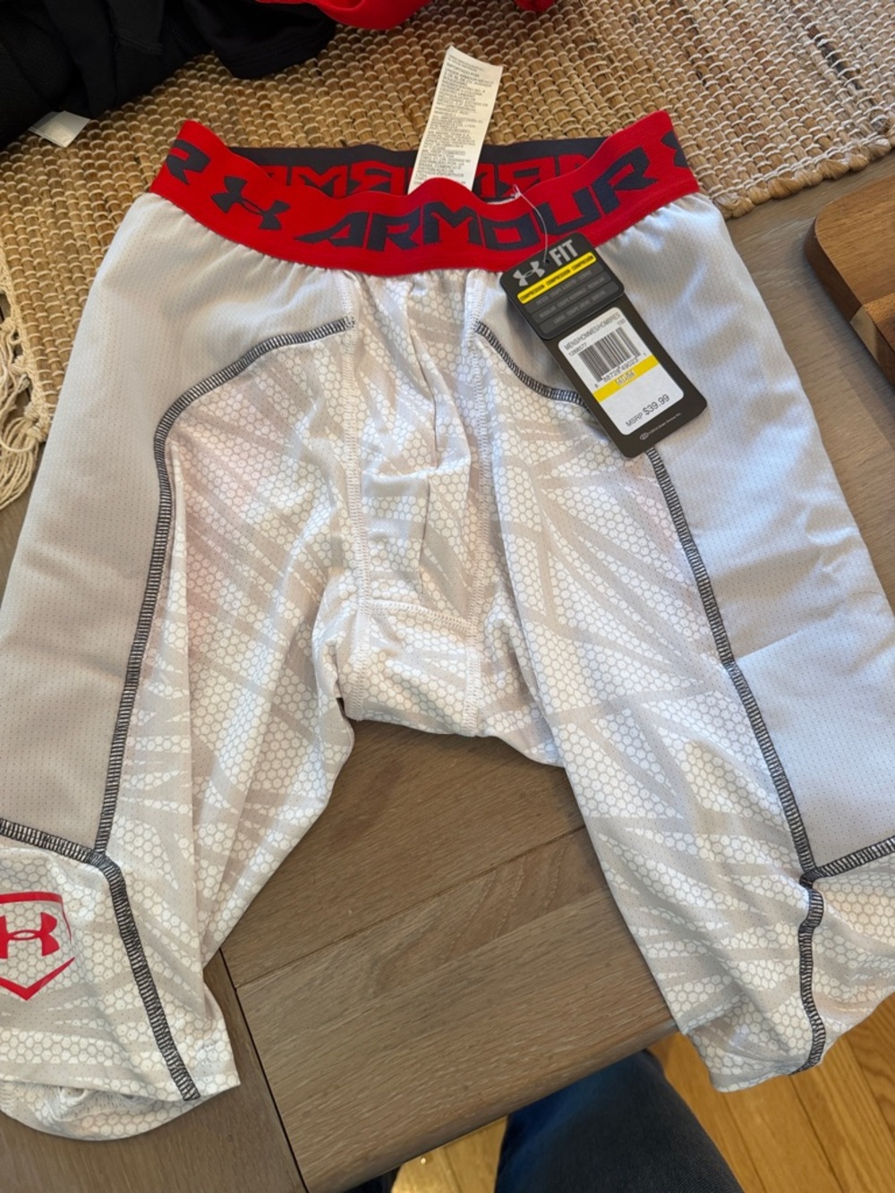 Under Armour White Compression Shorts with Red Waistband